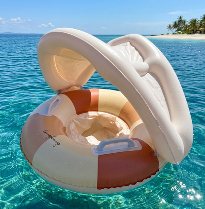 Aufblasbarer Retro Streifen Baby-Schwimmring mit abnehmbaren Sonnendach – Sicherer Sitz von 6–36 Monaten