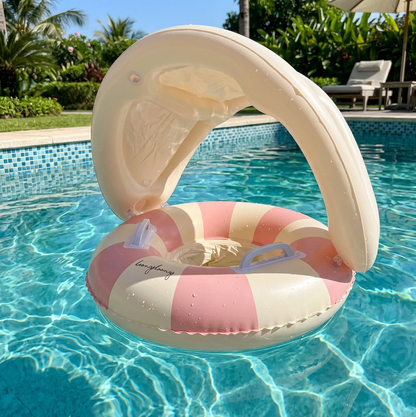 Aufblasbarer Retro Streifen Baby-Schwimmring mit abnehmbaren Sonnendach – Sicherer Sitz von 6–36 Monaten