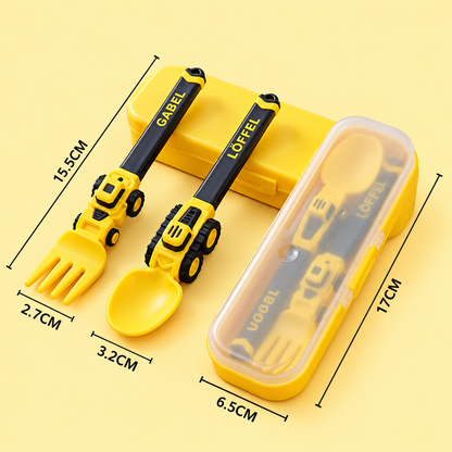 3-teiliges Kinder-Besteckset im Baufahrzeug-Design mit Löffel, Gabel & Reiseetui