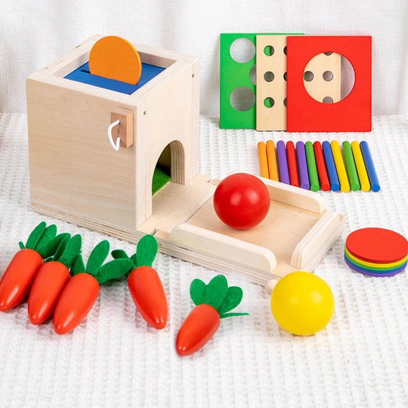 Montessori-Holzspielbox mit Aufgaben- und Lösungskarten