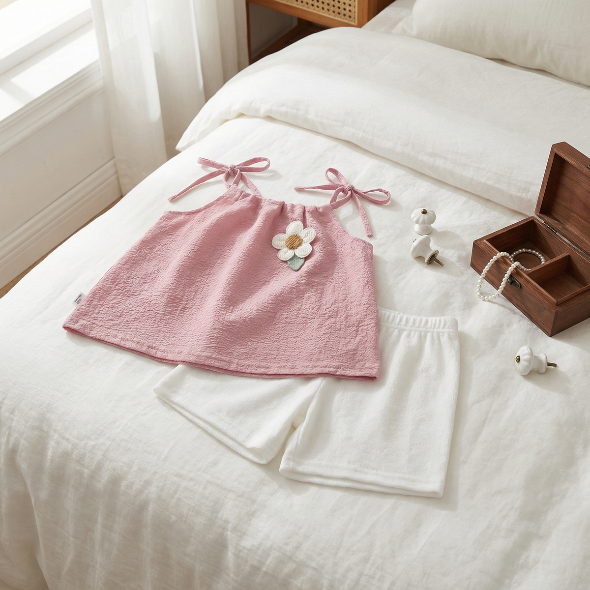 Sommerliches 2-teiliges Mädchen-Set im Koreanischen Stil – Blumen-Trägeroberteil mit Shorts