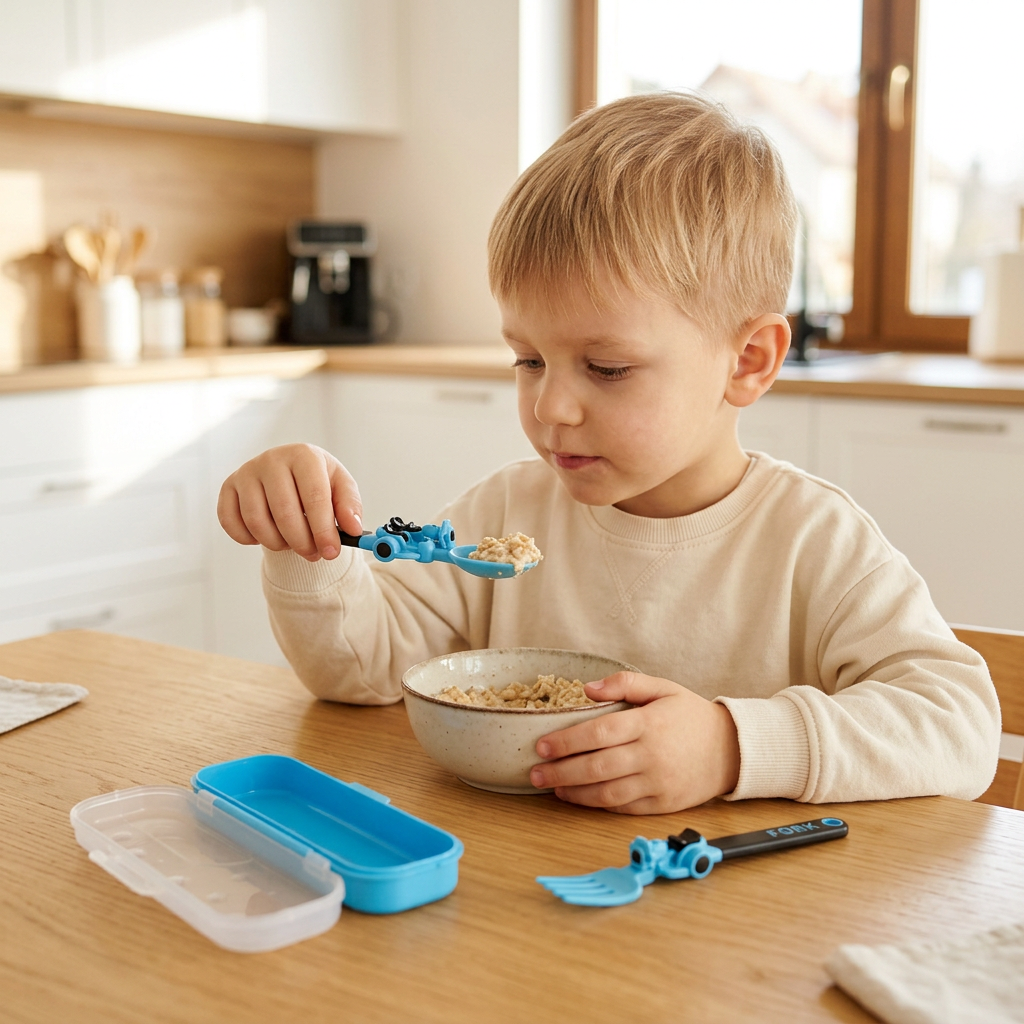 3-teiliges Kinder-Besteckset im Baufahrzeug-Design mit Löffel, Gabel & Reiseetui