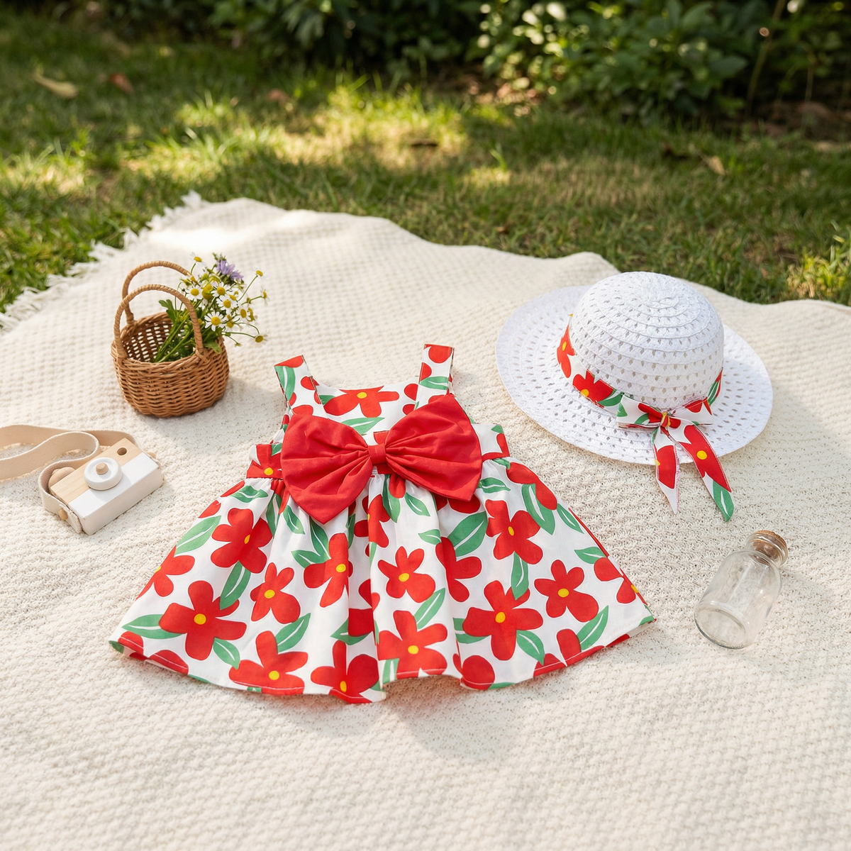 Sommerliches Trägerkleid Set für Baby- & Kleinkinder – Ärmelloses Kleid mit Schleife und Hut