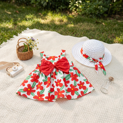 Sommerliches Trägerkleid Set für Baby- & Kleinkinder – Ärmelloses Kleid mit Schleife und Hut