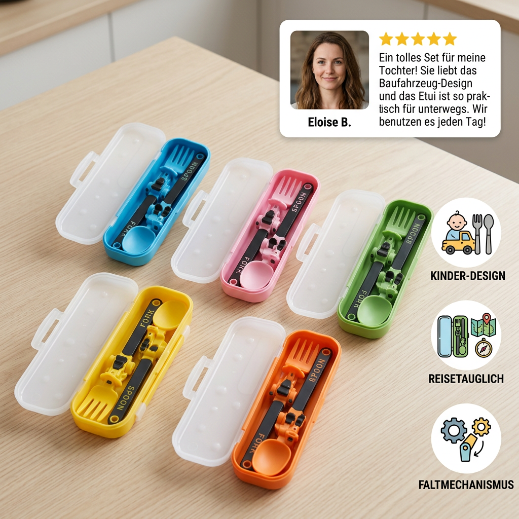 3-teiliges Kinder-Besteckset im Baufahrzeug-Design mit Löffel, Gabel & Reiseetui
