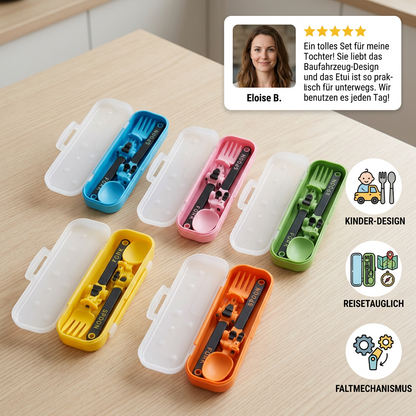 3-teiliges Kinder-Besteckset im Baufahrzeug-Design mit Löffel, Gabel & Reiseetui
