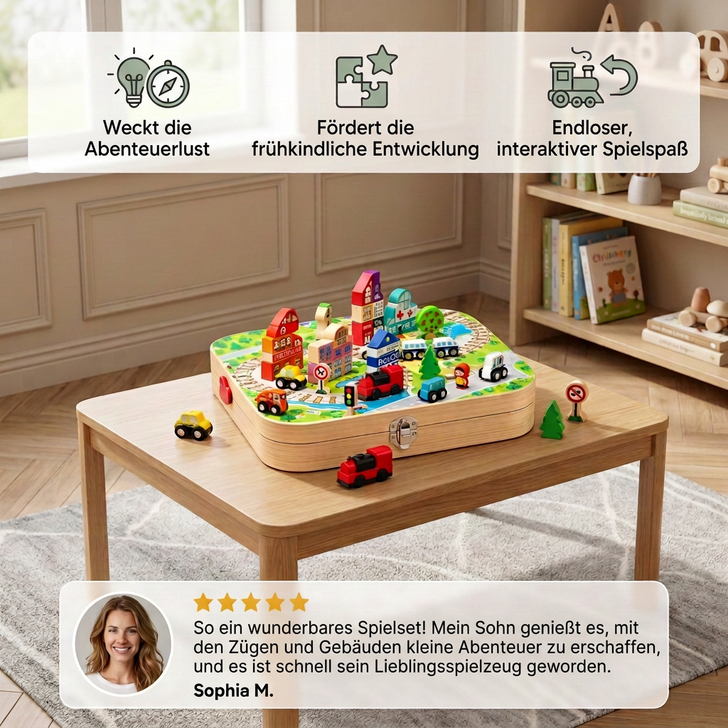 Holz-Stadtbausteine & Eisenbahn-Reiseset