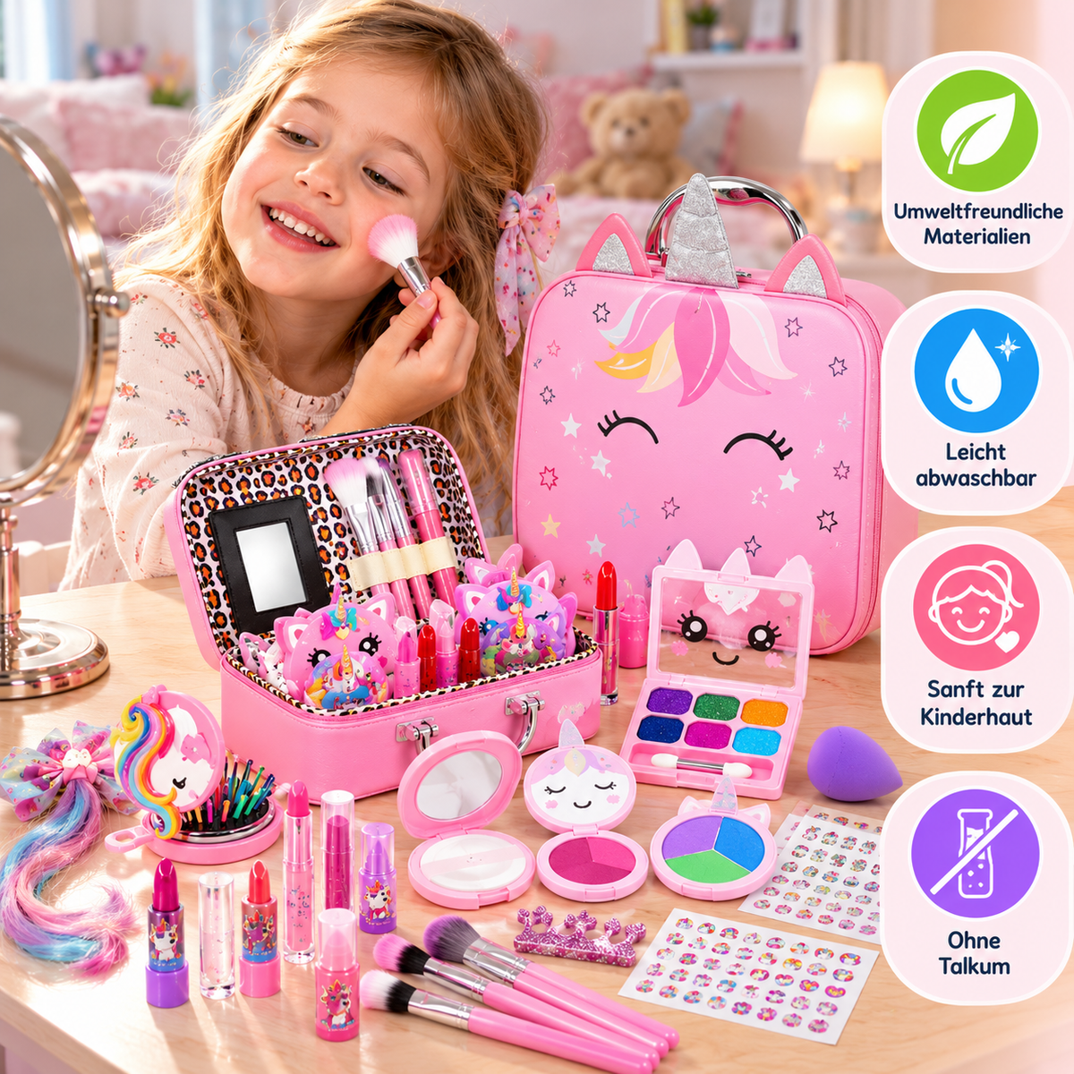 Umweltfreundliches & leicht abwaschbares Prinzessinnen-Make-up-Set für Kinder mit Kosmetiktasche