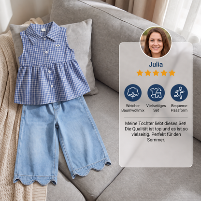 Frühlings- & Sommerliches 2-teiliges Mädchen-Set – Kariertes Top aus Baumwollmix mit vielseitiger Jeanshose