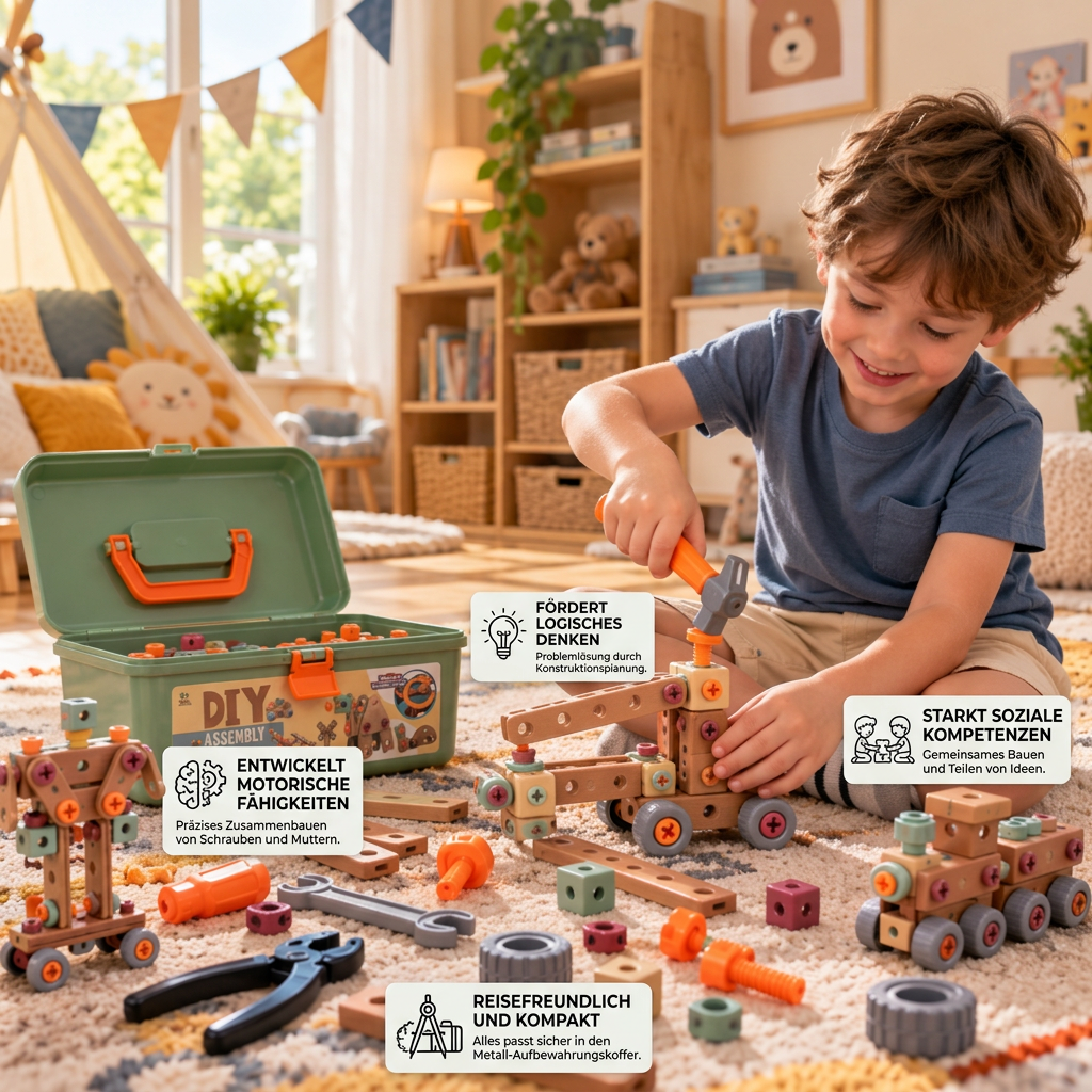 144-teiliges Kinder-Werkzeugset mit Bohrmaschine & Werkzeugkoffer – STEM Montessori-Bauset