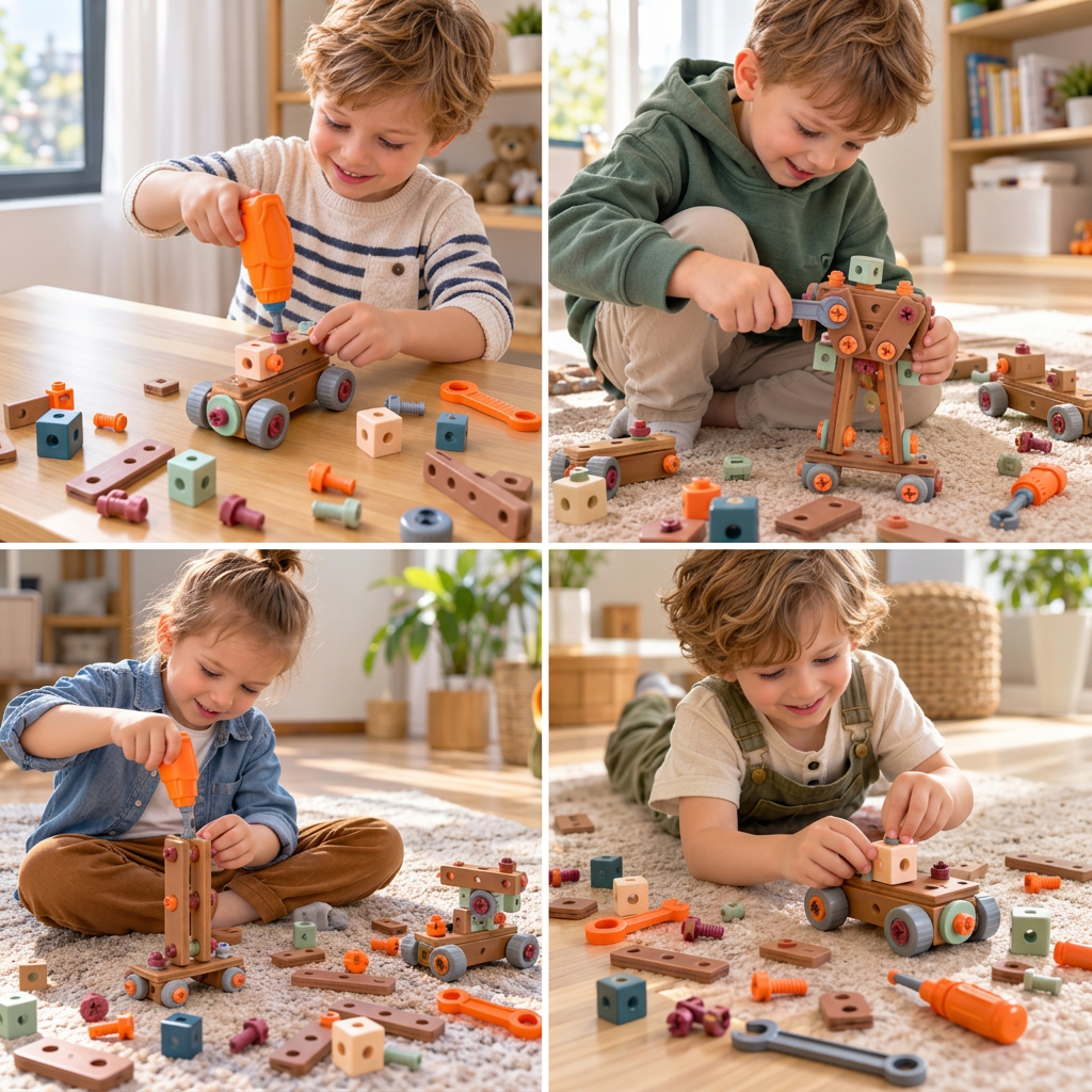 144-teiliges Kinder-Werkzeugset mit Bohrmaschine & Werkzeugkoffer – STEM Montessori-Bauset
