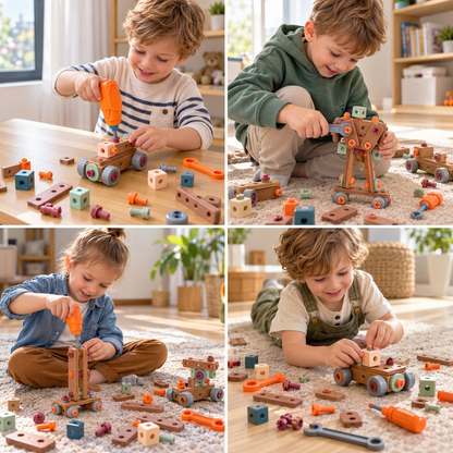 144-teiliges Kinder-Werkzeugset mit Bohrmaschine & Werkzeugkoffer – STEM Montessori-Bauset