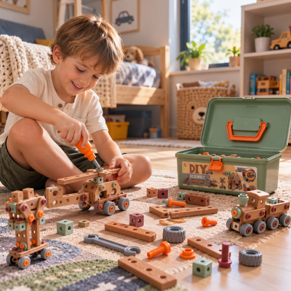 144-teiliges Kinder-Werkzeugset mit Bohrmaschine & Werkzeugkoffer – STEM Montessori-Bauset