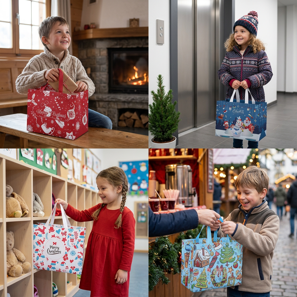 Wiederverwendbare Weihnachts-Geschenktaschen mit Griffen – Verschiedene festliche Designs