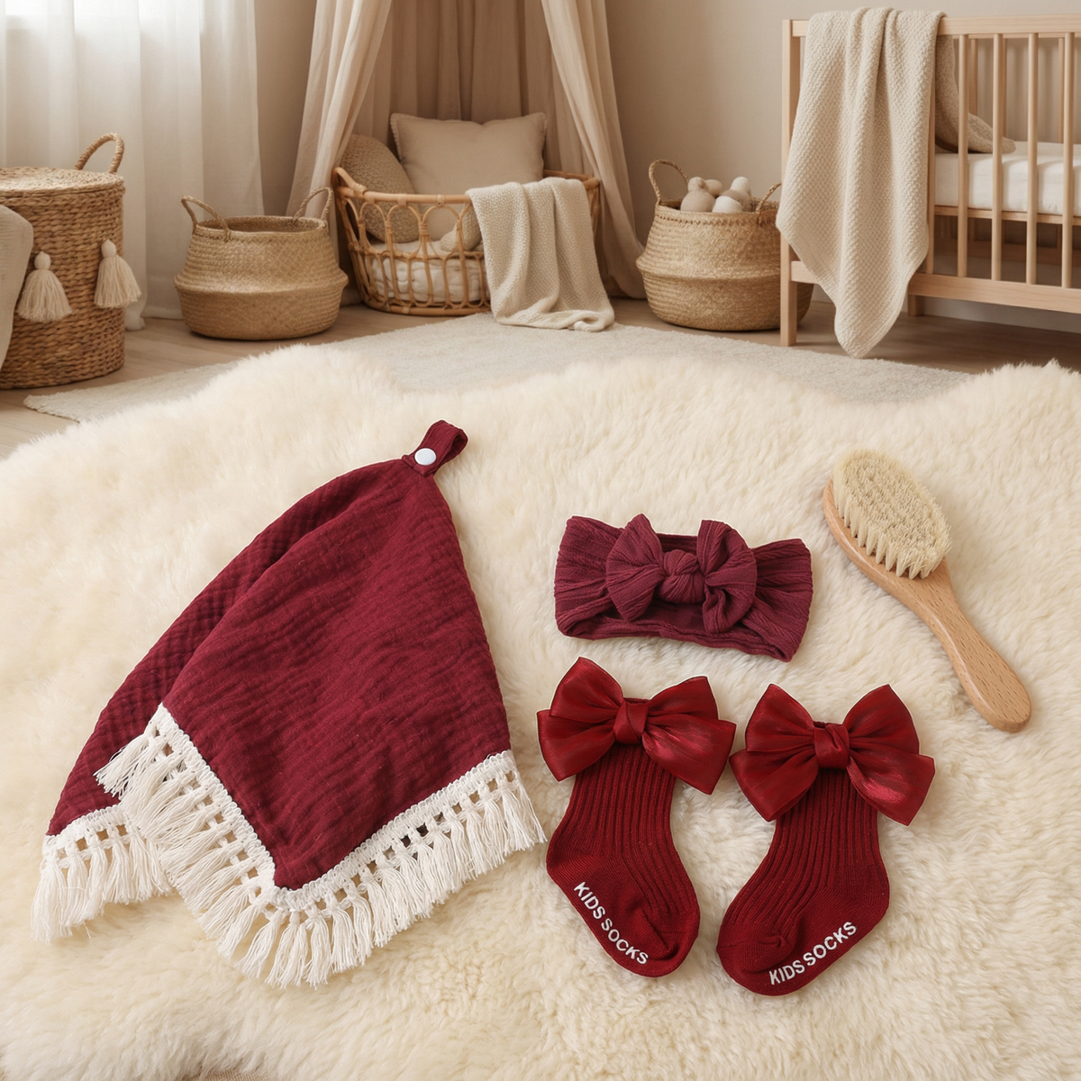 Baby Pflege Geschenkbox – Handtuch, Socken oder Haarband & Badebürste für Neugeborene